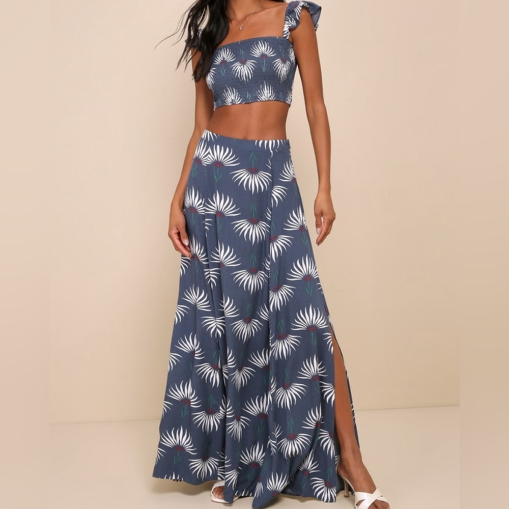 Lulus Trancoso Dusty Blue Floral Print Two-Piece Maxi Dress size L